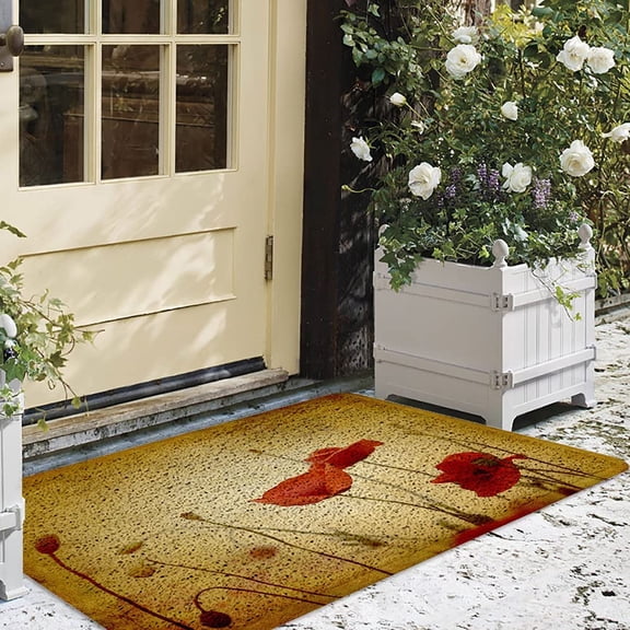 Welcome Outdoor Door Mat Red Poppy Floral Vintage Back,Non-Slip Doormat Heavy Duty Patio Rug Pad Country Retro Flower Plant,Dirt Mud Trapper for Entryway Kitchen Living Room 18x30In