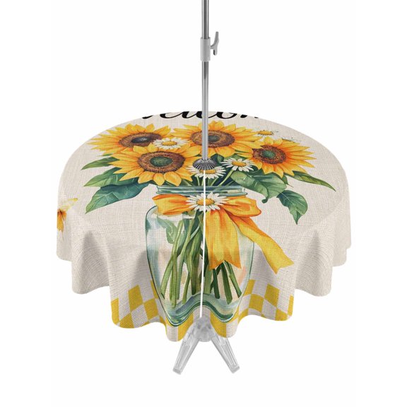 Welcome Outdoor Round Tablecloth with Umbrella Hole 60", Sunflowers Daisy Butterfly Yellow Check Linen Texture Waterproof Zippered Table Cloth Wrinkle Free Wipeable Desk Covers for Patio Party