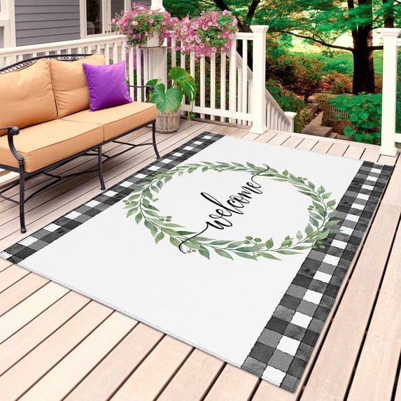 Welcome Outdoor Rug 5x7 Ft, Non Slip Washable Area Rug, Spring Summer Green Leaves Rings Rustic Checkered Patio Rugs Carpet Runner, Large Floor Mat for Indoor/Outdoor Deck Porch Camping