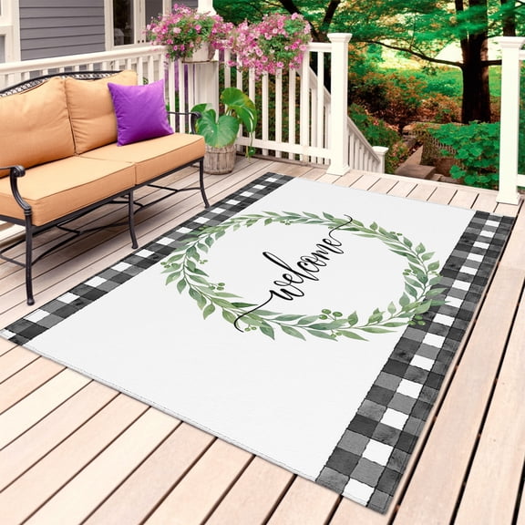 Welcome Outdoor Rug for Patio/Deck/Porch, Non-Slip Large Area Rug 4 x 6 Ft, Spring Summer Green Leaves Rings Rustic Checkered Indoor Outdoor Rugs Washable Area Rugs, Camping Rug Carpet Runner