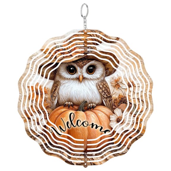Welcome Owl Pumpkin Wind Spinner Metal Outdoor Decor Whimsical Fall Brown Orange Cream