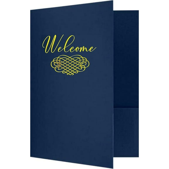 Welcome Packet Folders Dark Blue Linen Luxury with Two Pockets 25 pk 9x12 Gold Foil Membership, Church, Team, New Hire, Visitors Business Card Insert