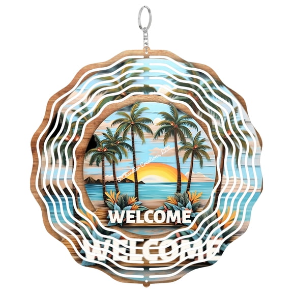 Welcome Palm Tree Summer 3D Wind Spinner, Beach Tropical Hanging Ornament, Coastal Garden Decor, Ocean Gift