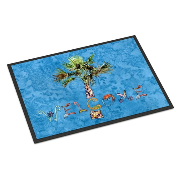 Welcome Palm Tree on Blue Doormat 18x27