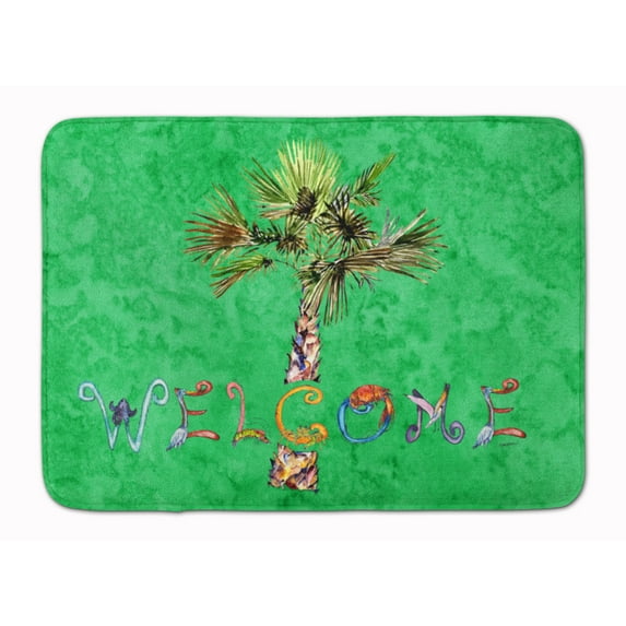 Welcome Palm Tree on Green Machine Washable Memory Foam Mat