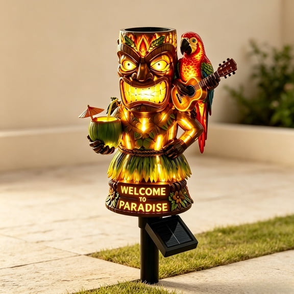Welcome to Paradise Solar Tiki Garden Statue with Parrot, Waterproof Outdoor LED Stake Light, Hawaiian Tropical Decor for Poolside Patio Lawn Tiki Party Gift