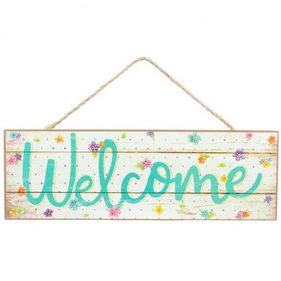 Welcome Pastel Flowers Wooden Sign - 15" x 5", Easter Decoration. Spring, Rustic White Wood Wall Decor, Front Door, Wreath, Home, Kitchen, Summer