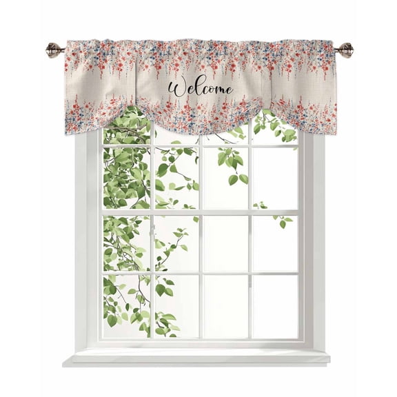 Welcome Pastoral Flowers Tie Up Valances Curtain, Red Flower Leaf Linen Texture Kitchen Valances for Windows Decor, Rod Pocket Short Curtains Set for Bedroom/Bathroom, 60"x18"