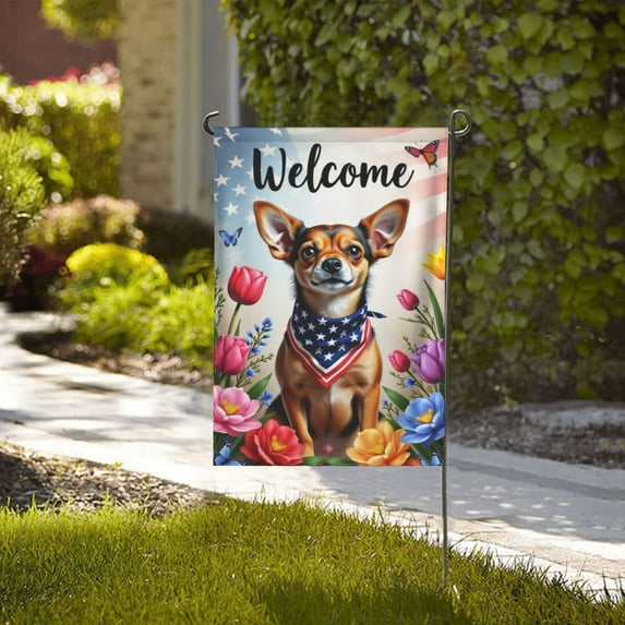 Welcome Patriotic Chihuahua Garden Flag 12x18 Inch DoubleSided Outdoor Yard Flag American Flag Flowers Dog Decor Summer Spring Seasonal House Decoration Birthday Gifts for Men Women