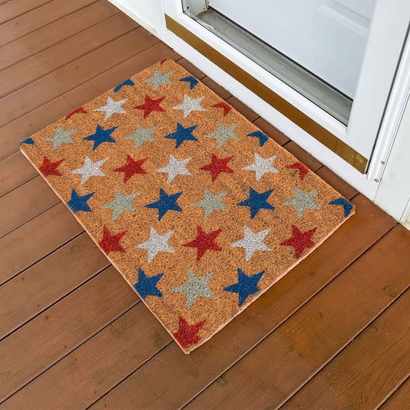 Welcome Patriotic Doormat for 4th of July Decor, Red White Blue Independence Day Entryway Rug, Memorial Day Front Door Mat for Outside Porch Entrance Decoration
