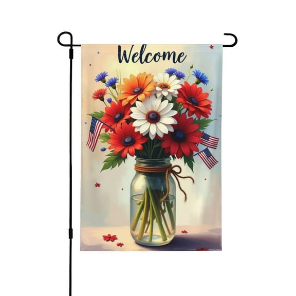 Welcome Patriotic Flowers In Mason Jar Garden Flag 12x18 Inch Double Sided Summer Outdoor Decor Independence Day 4th Of July Farmhouse Yard Flag