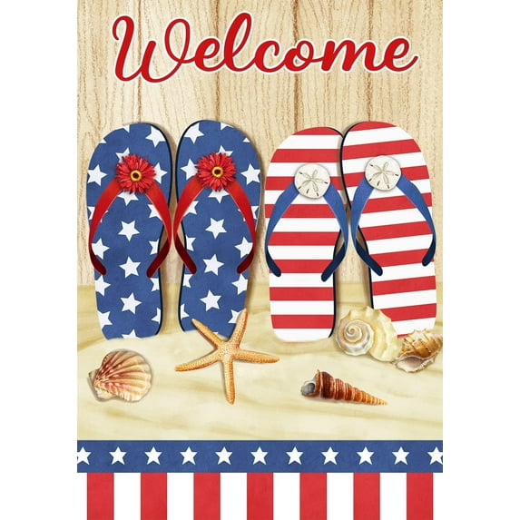 Welcome Patriotic Stars and Stripes Floral Flip Flops Decoration Summer Beach Seaside Independence Day Garden Flag Holiday Outdoor Yard Flag 12" x 18"