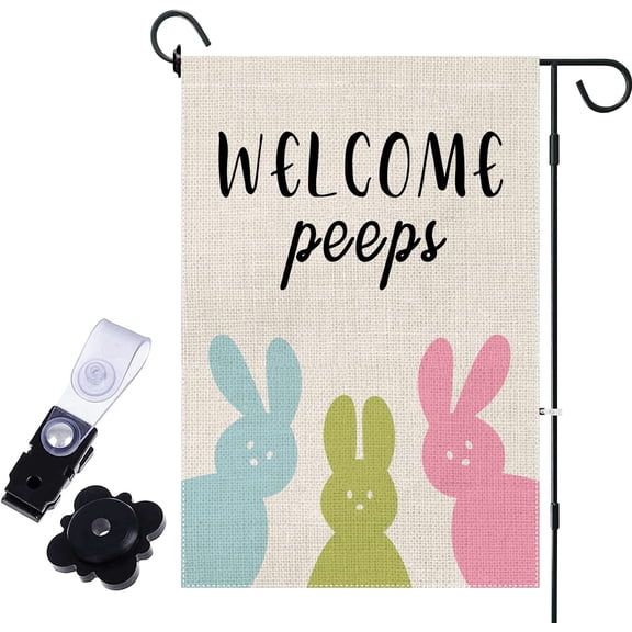 Welcome Peeps Easter Garden Flag 12 x 18 Inch, Burlap Double Sided Easter Flag, Vertical Small Easter Yard Flag, Spring Easter Bunny Rabbit Flag for Outdoor Decoration