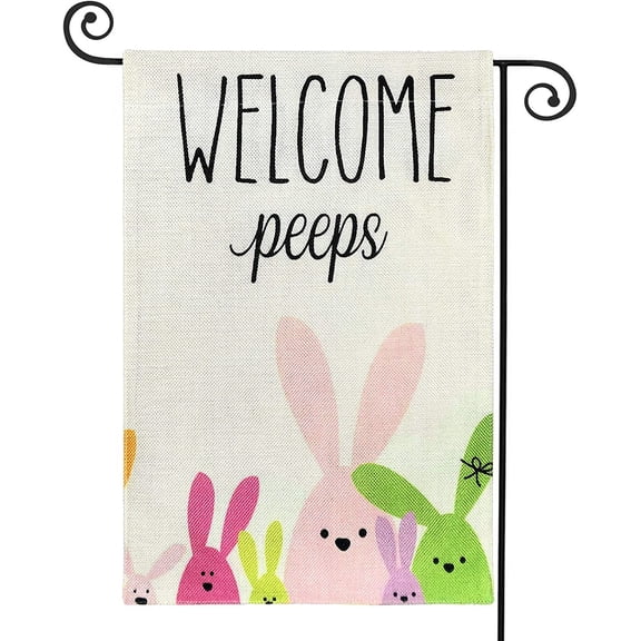 Welcome Peeps Easter Spring Garden Flag Vertical Double Sided Easter Bunny Rabbit,Small Yard Flag Spring Summer Rustic Farmhouse Yard Outdoor Decoration 12.5 x 18 Inch