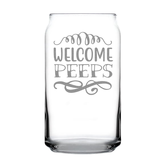 Welcome Peeps Hand Engraved Etched 16oz Can Shaped Pint Glass Fun Gift Idea Unique Drinking Home Bar Decor