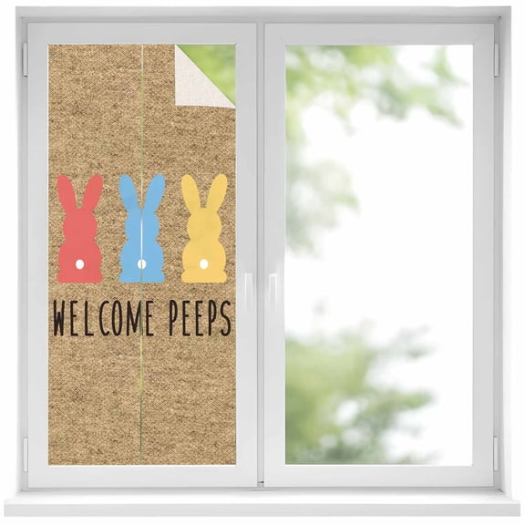 Welcome Peeps Window Privacy Film, Red Blue Yellow Easter Rabbits Silhouette Burlap Texture Frosted Glass Window Clings Static Cling Heat Blocking Reusable Door Sticker for Bedroom 17.7x39.3 Inch