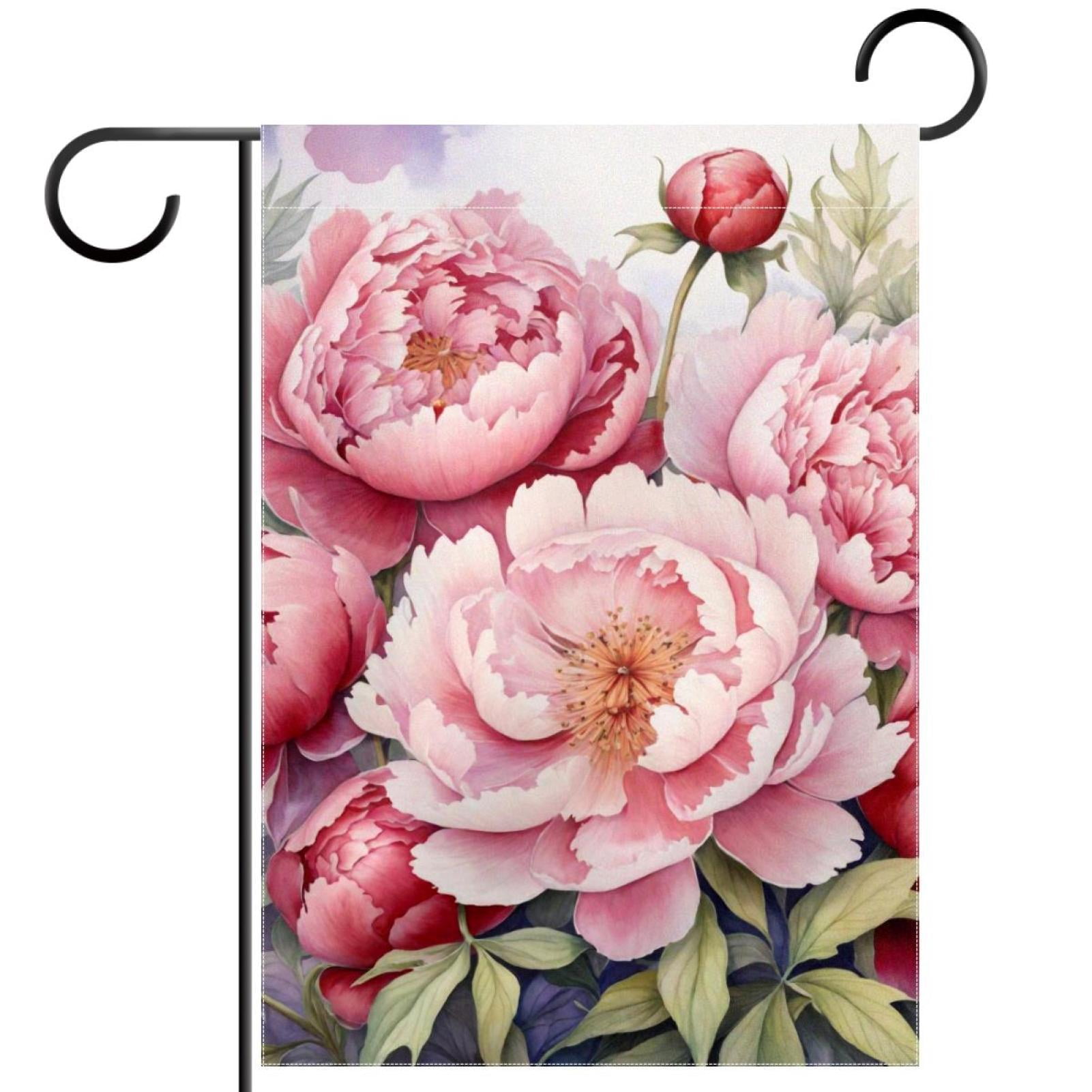 Welcome Peony Watercolor Background Garden Flag, Vertical Double Sided Small House Flag, Yard Farmhouse Outdoor Deck Veranda Lawn Decor 28x40 Inch