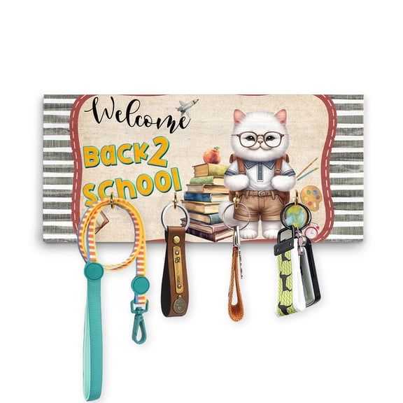 Welcome Persian Back to School Vintage Retro Wood Key Holder Cat Lover Kitten Owner Gifts Wall-mounted Key Rack Home Decor - 02012