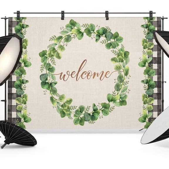 Welcome Photography Backdrop 7x5FT, Spring Eucalyptus Leaf Plaid Farmhouses Linen Photo Backdrops, Background for Photography Studio Photo Studio Background, Back Drop for Photoshoot