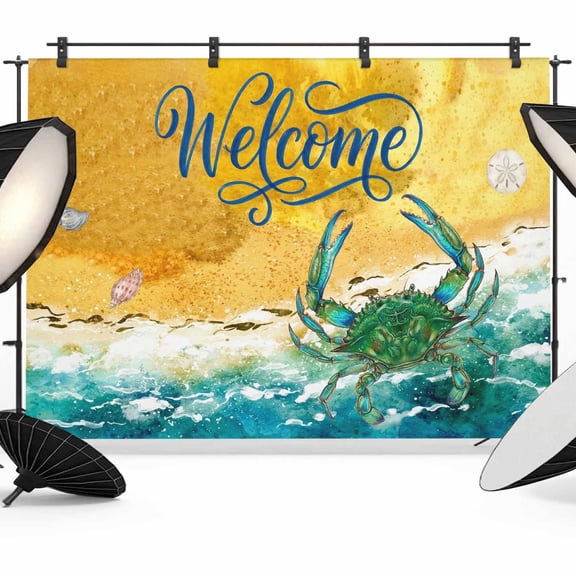 Welcome Photography Backdrop 7x5FT, Summer Beach Green Crab Shell Sea Photo Backdrops, Background for Photography Studio Photo Studio Background, Back Drop for Photoshoot