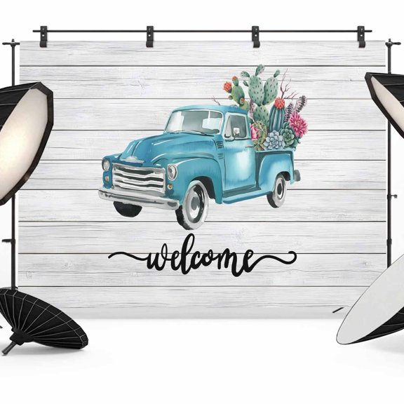 Welcome Photography Backdrop 7x5FT, Summer Car with Cactus Succulents Grey Wood Grain Photo Backdrops, Background for Photography Studio Photo Studio Background, Back Drop for Photoshoot