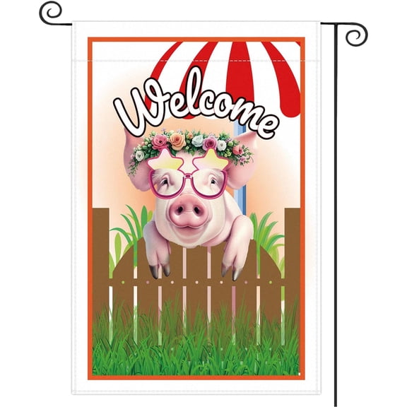Welcome Pig Decorative Garden Flag, Farm Animal Summer Yard Outside Home Decorations Welcome Flag for Lawn Farm and Patio Banner Summer Farmhouse Yard Flag 12x18 Inch