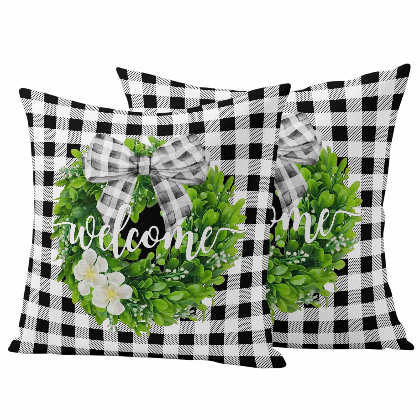 Welcome Pillow Covers 2 Pack Spring Country Farm Green Boxwood Flowers Wreath Black White Plaid Pillowcase Waterproof Outdoor Throw Pillow Cover for Patio Garden Square Cushion 16”x16”