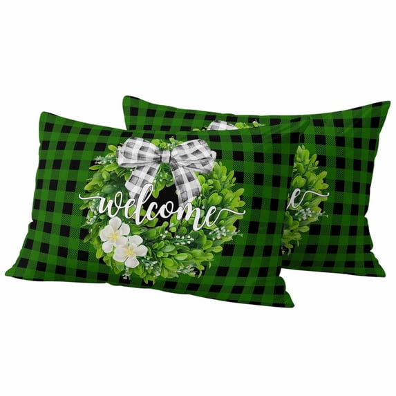Welcome Pillow Covers 2 Pack Spring Country Farm Green Boxwood Flowers Wreath Green Plaid Pillowcase Waterproof Outdoor Throw Pillow Cover for Patio Balcony Rectangular Cushion 20”x12”