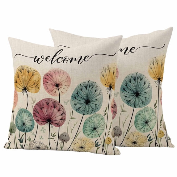 Welcome Pillow Covers 2 Pack Vintage Watercolor Yellow Pink Green Dandelion Floral Linen Texture Pillowcase Waterproof Outdoor Throw Pillow Cover for Patio Garden Square Cushion 24”x24”