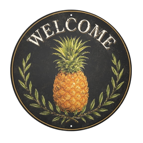 Welcome Pineapple Metal Wall Decor Sign 8x8 Inch Rustic Round Iron Plaque for Home Decor Vintage Style Indoor/Outdoor Easy Hanging with Pre-Drilled Holes Weather Resistant