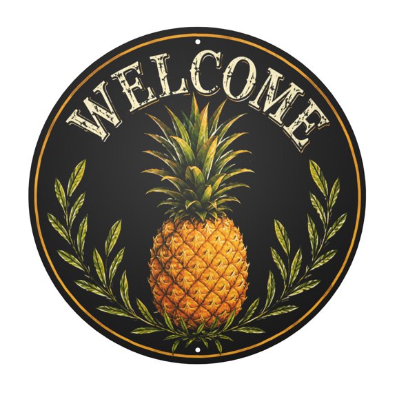 Welcome Pineapple Metal Wall Sign Decor, Rustic Vintage Style Round Iron Plaque with Pre-Drilled Holes for Easy Hanging, 8X8 Inch, Indoor/Outdoor Home Decor with Weather Resistant Finish