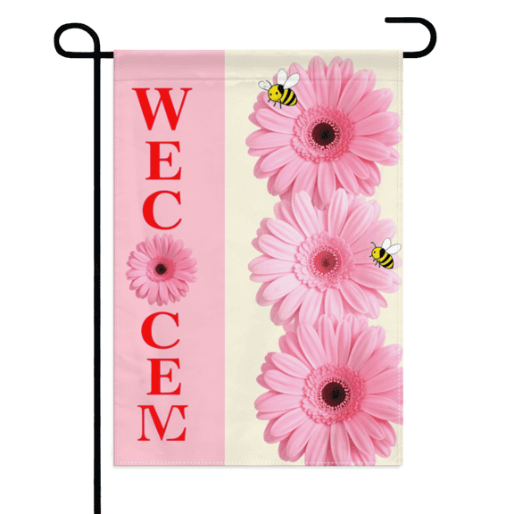 Welcome Pink Daisy Garden Flag 12×18in Double Sided, Bee Floral Polyester Design, Spring Summer Rustic Farmhouse Outdoor Yard and Exterior Decor