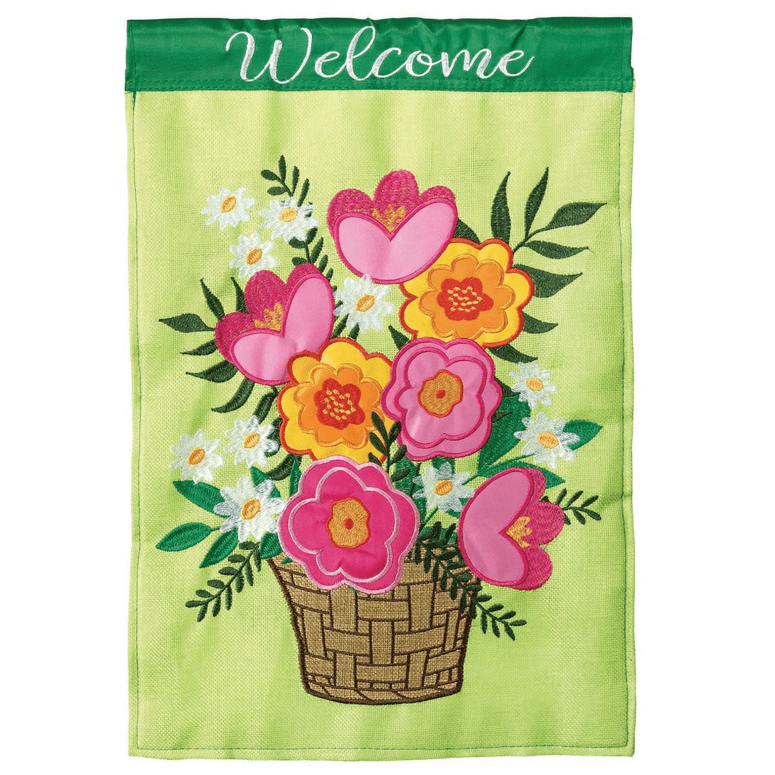 Spring Floral Basket Green Burlap Garden Flag 13" x 18"