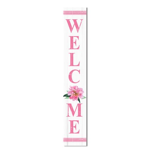 Welcome Pink Flower Porch Board, Flowers Welcome Sign and Porch Leaner for Front Door Porch Deck Patio or Spring & Summer Farmhouse Rustic Vertical Porch Yard Decor 47 x 8 Inches