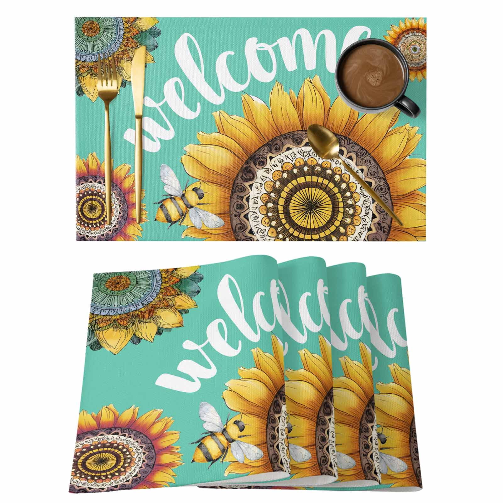 Welcome Placemats Set of 12, Summer Flowers Watercolor Sunflower ...