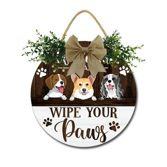 Welcome Please Wipe Your Paws Front Door Sign Funny Wreaths Hanging Wooden Plaque Decoration Round Rustic Wood Farmhouse Porch Decor for Home Front Door Decor, 11 x 11 Inch