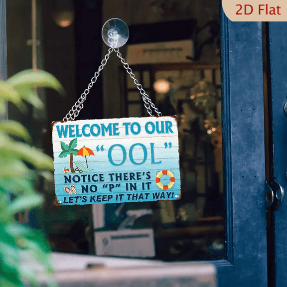 Welcome to Our Pool_ Funny Metal Wall Art Sign Relaxing Beach Design with Palm Trees Life Preserver, 8*12 Inches, Perfect for Poolside, Patio, or Outdoor Summer Decor, Beach Theme Decor