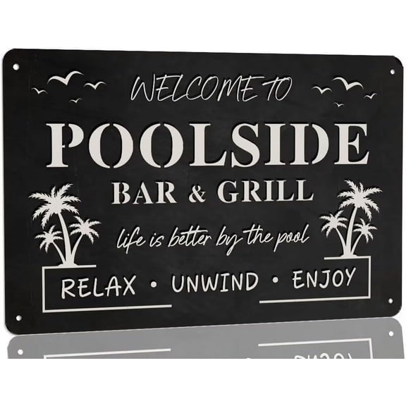 Welcome To Poolside Bar & Grill Metal Tin Sign Swimming Pool Decorations Outdoor Poolside Metal Sign Plaque for Beach Home Bar Pool Deck Backyard Fence Walls 8x12 Inch