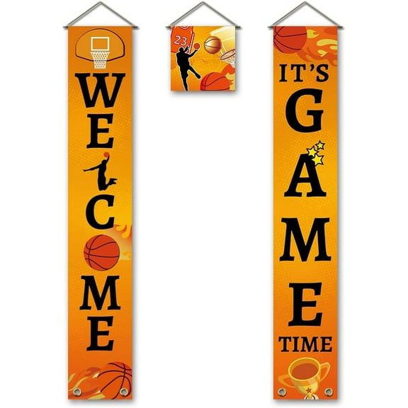 Welcome Porch Banner It's Game Time Hanging Porch Sign Basketball Sport Welcome Banner Door Signs for Basketball Party Backdrop Banner Birthday Decorations