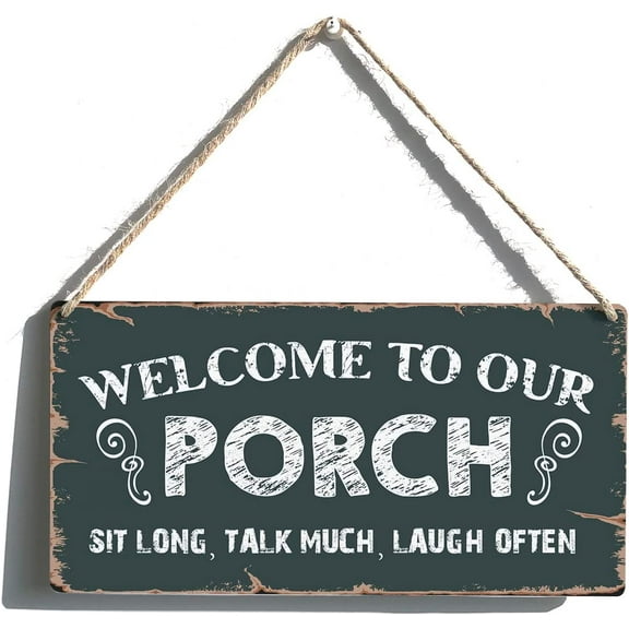 Welcome to Our Porch Sit Long Talk Much Laugh Often Sign Gift Farmhouse Porch Wooden Hanging Sign Plaque Retro Wall Art Decor for Home Decoration 10x5 Inch
