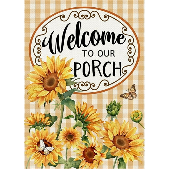 Welcome to Our Porch Spring Summer Sunflower Decorative Garden Flag, Yellow Buffalo Plaid Check Yard Outside Decoration, Fall Autumn Farmhouse Outdoor Small Home Decor Double Sided 12 x 18