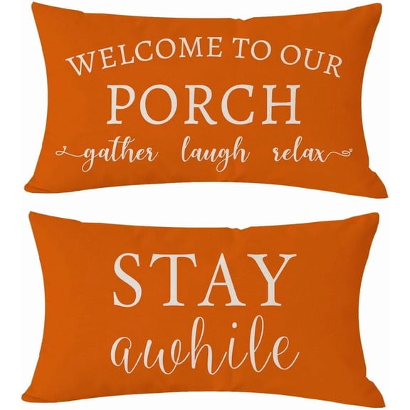 Welcome to Our Porch Stay Awhile Blue Farmhouse Decorative Throw Pillow Covers 18x18 Set of 2 Outdoor Porch Pillows Holiday Decorations Cushion Cases for Home Couch Front Porch Patio Decor