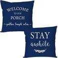 thumbnail image 1 of Welcome to Our Porch Stay Awhile Blue Farmhouse Decorative Throw Pillow Covers 18x18 Set of 2 Outdoor Porch Pillows Holiday Decorations Cushion Cases for Home Couch Front Porch Patio Decor, 1 of 6