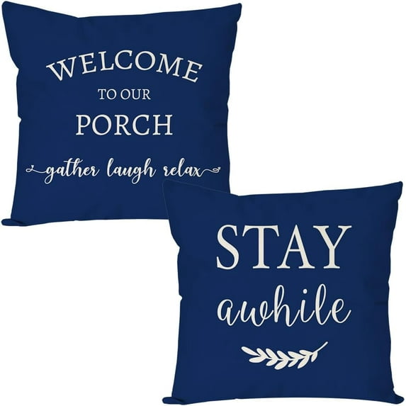Welcome to Our Porch Stay Awhile Blue Farmhouse Decorative Throw Pillow Covers 18x18 Set of 2 Outdoor Porch Pillows Holiday Decorations Cushion Cases for Home Couch Front Porch Patio Decor