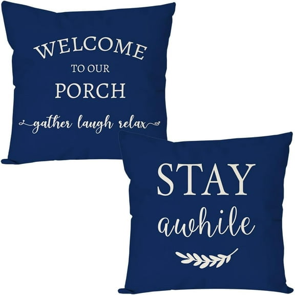 Welcome to Our Porch Stay Awhile Blue Farmhouse Decorative Throw Pillow Covers 18x18 Set of 2 Outdoor Porch Pillows Holiday Decorations Cushion Cases for Home Couch Front Porch Patio Decor