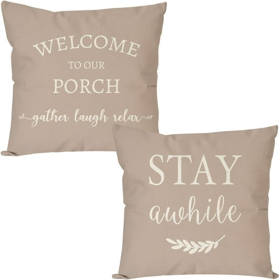 Welcome to Our Porch Stay Awhile Blue Farmhouse Decorative Throw Pillow Covers 18x18 Set of 2 Outdoor Porch Pillows Holiday Decorations Cushion Cases for Home Couch Front Porch Patio Decor