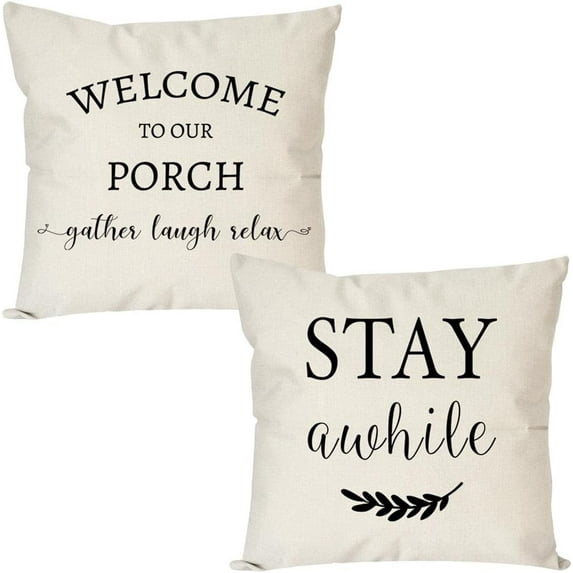 Welcome to Our Porch Stay Awhile Pillow Covers 18x18 Set of 2 for Outdoor Porch Decor, Outdoor Pillows Farmhouse Decorative Throw Pillows Cases for Home Front Porch Patio Outside Decorations