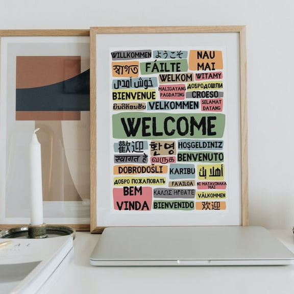 Welcome Poster in Different Languages - Portrait Cool Colours - - Multilingual Wall Art, Unframed Paper Poster 8x10in