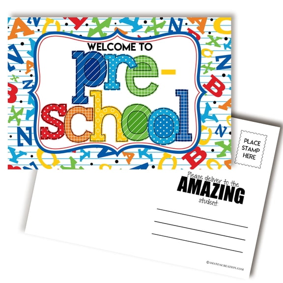 Welcome To Preschool Alphabet Themed Blank Postcards For Teachers To Send To Students, 30 Pack 4x6 Back to School Postcards, Mailable with Postcard Stamp, Made in USA, Amanda Creation