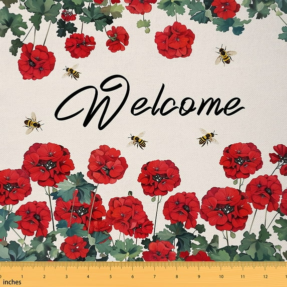Welcome Print Fabric By The Yard, Flowers Garden Theme Indoor Outdoor Fabric, Red Petals Bees Upholstery Fabric, Fresh Natural Style Decorative Fabric For Quilting Sewing, 10 Yards